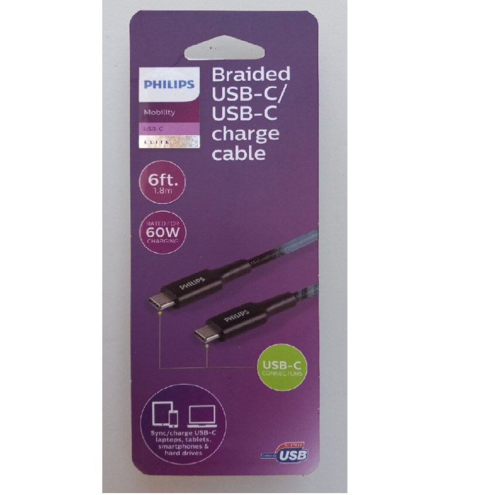 PHILIPS USB-C/USB-C Charge Cable Braided 6ft length Rated for 60W Black *NEW BOX